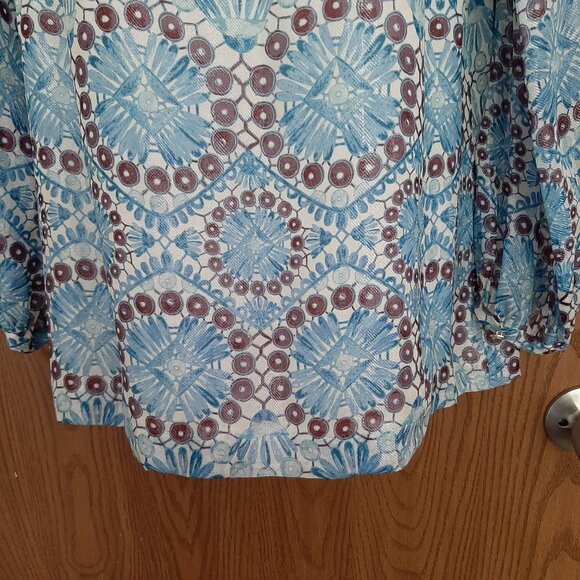 Tory Burch Silk Nylon Metallic Blue Floral Tunic Top Size 10 Keyhole Front - Picture 6 of 8